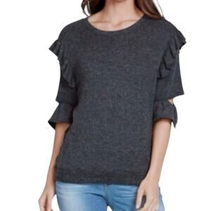William Rast Gray Ruffle Sleeve Knit Top Cold Shoulder Minimalist Romantic XL